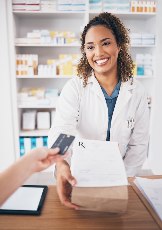 Credit card, pharmacy medicine or happy woman giving package to pov patient or customer shopping. P